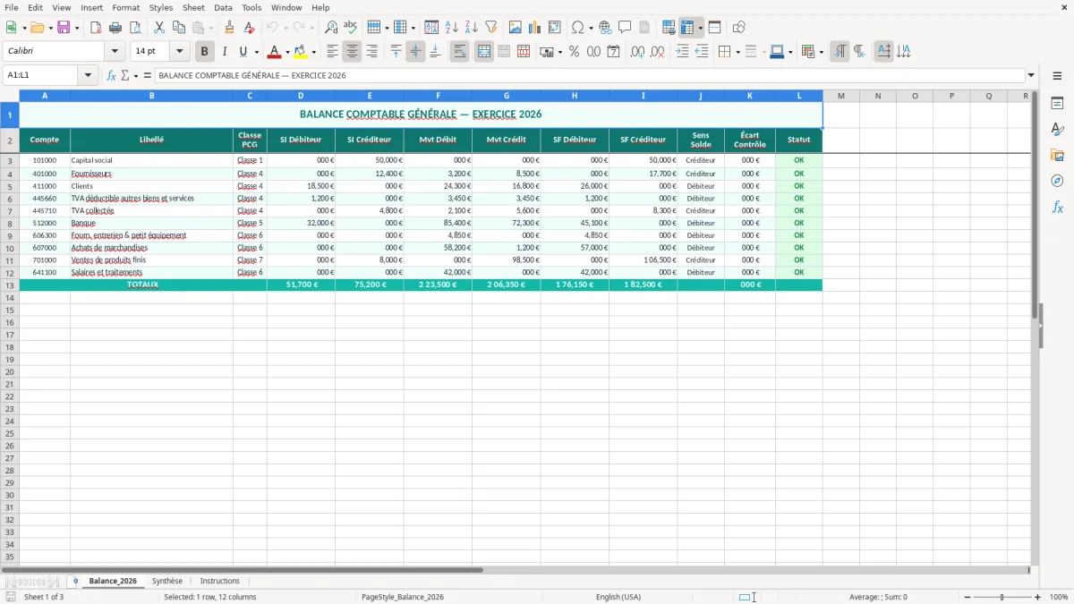 Capture 1 : feuille Balance_2026 - Modèle Excel balance comptable excel