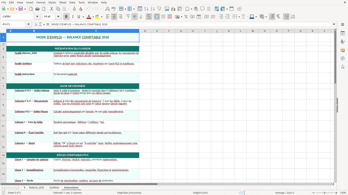 Capture 3 : feuille Instructions - Modèle Excel balance comptable excel