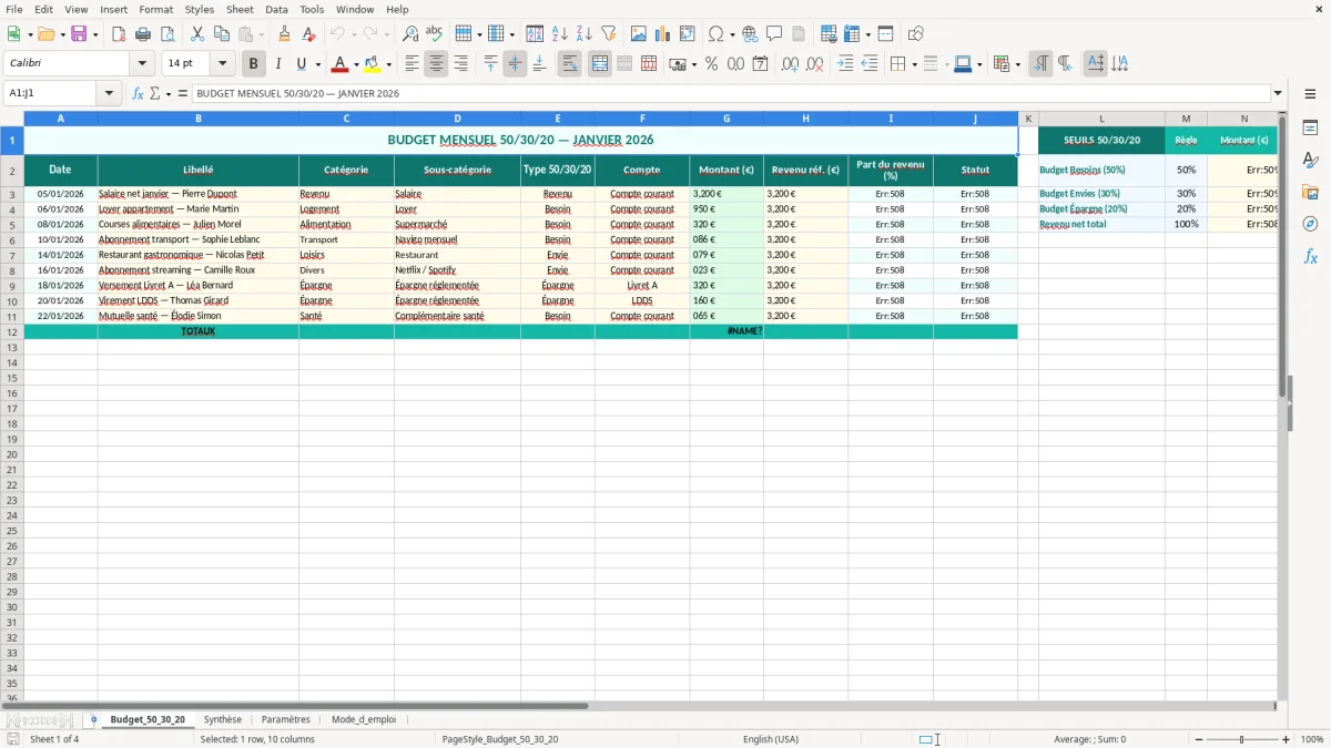 Capture 1 : feuille Budget_50_30_20 - Modèle Excel budget 50 30 20 excel