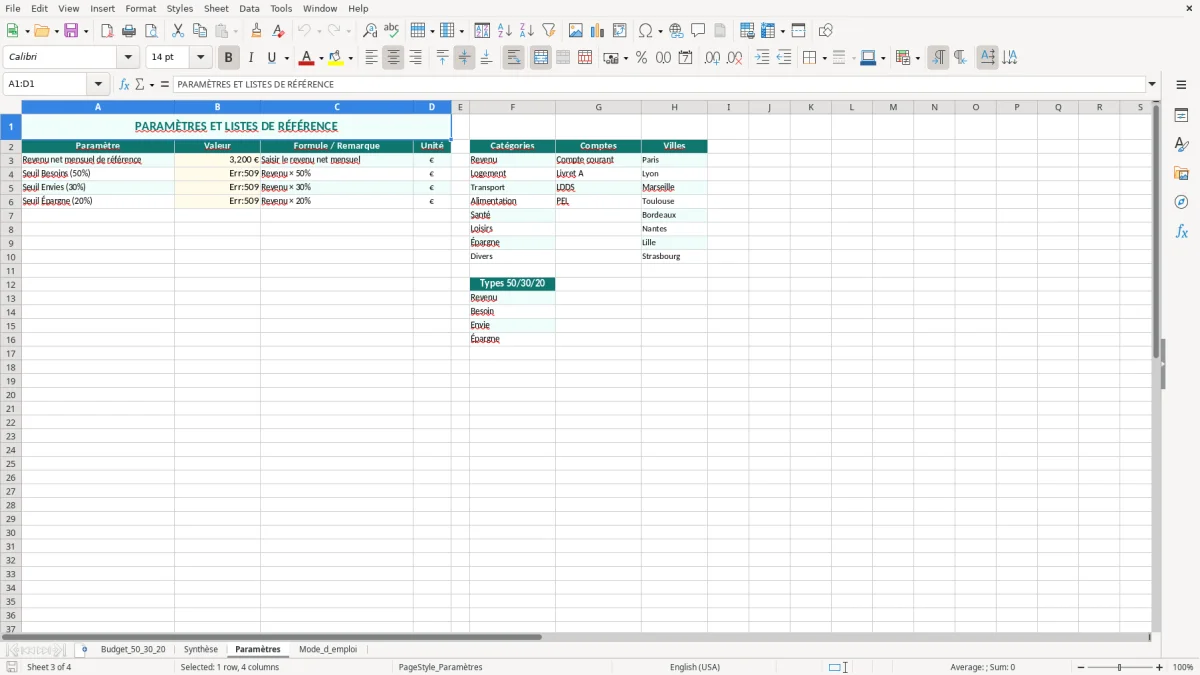 Capture 3 : feuille Paramètres - Modèle Excel budget 50 30 20 excel