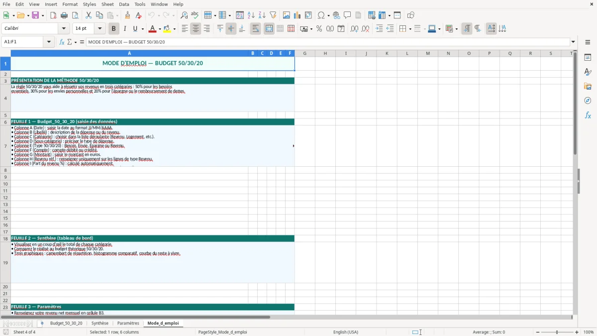 Capture 4 : feuille Mode_d_emploi - Modèle Excel budget 50 30 20 excel