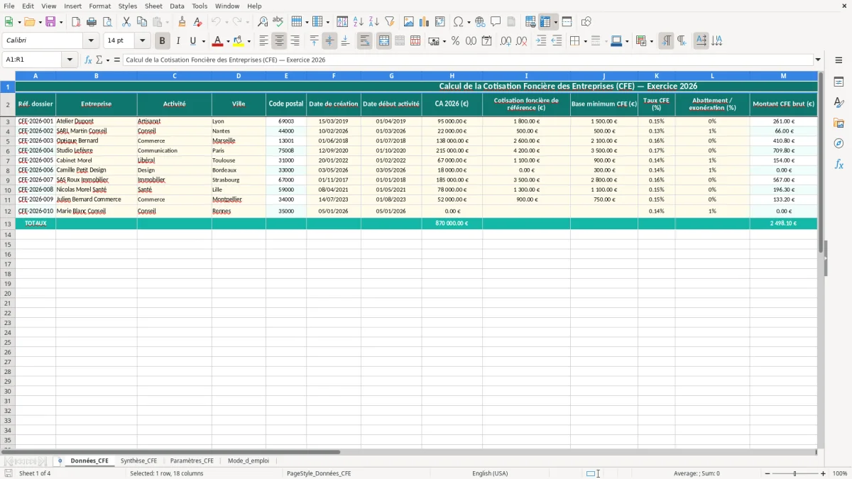 Capture 1 : feuille Données_CFE - Modèle Excel calcul CFE excel