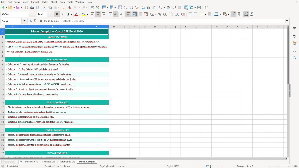 Capture 4 : feuille Mode_d_emploi - Modèle Excel calcul CFE excel
