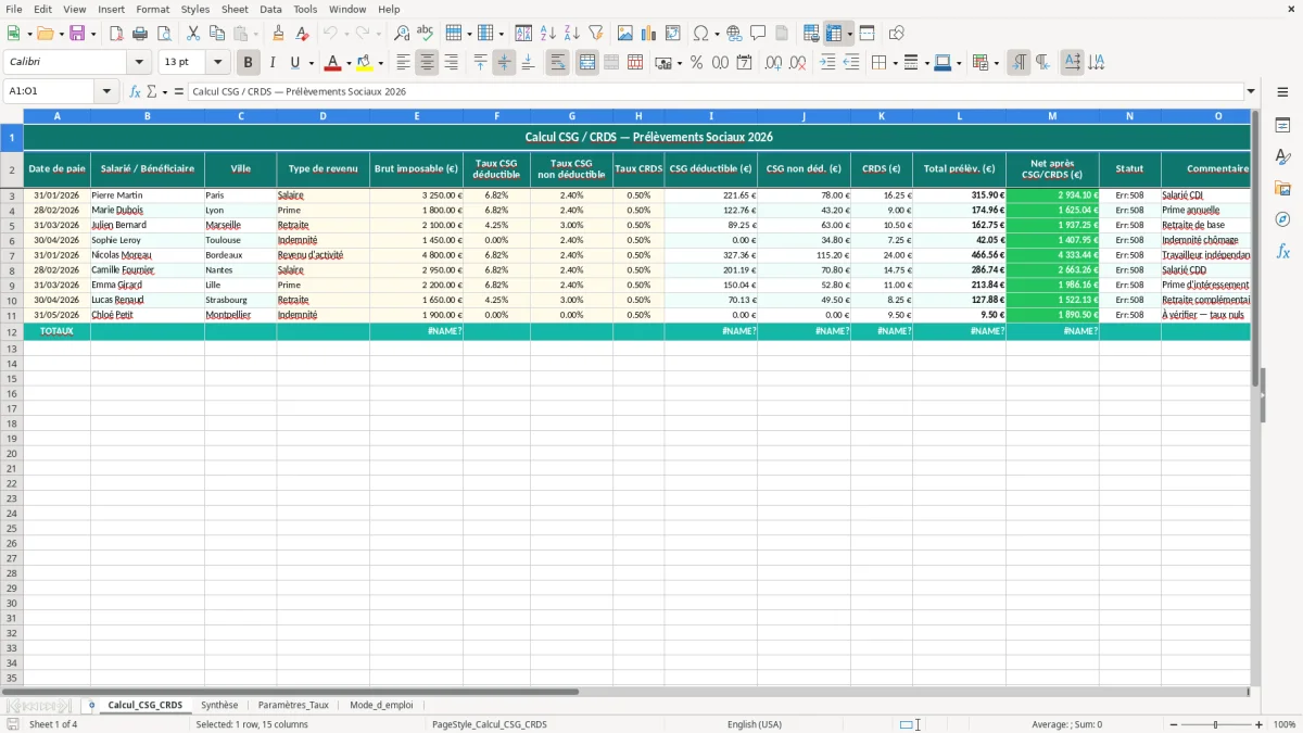 Capture 1 : feuille Calcul_CSG_CRDS - Modèle Excel calcul CSG CRDS excel