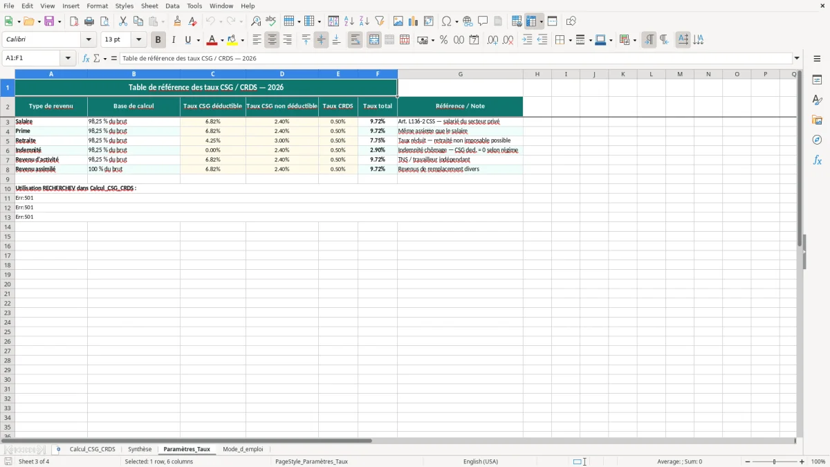 Capture 3 : feuille Paramètres_Taux - Modèle Excel calcul CSG CRDS excel