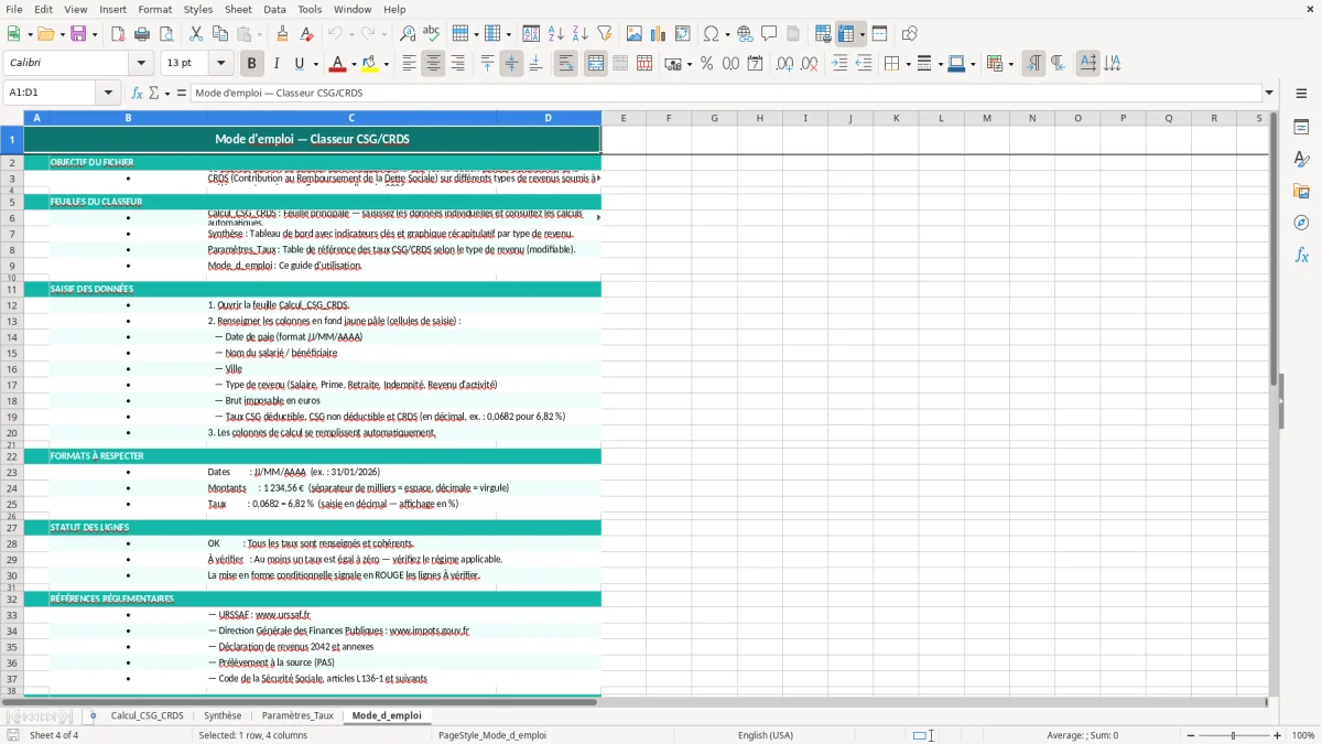 Capture 4 : feuille Mode_d_emploi - Modèle Excel calcul CSG CRDS excel