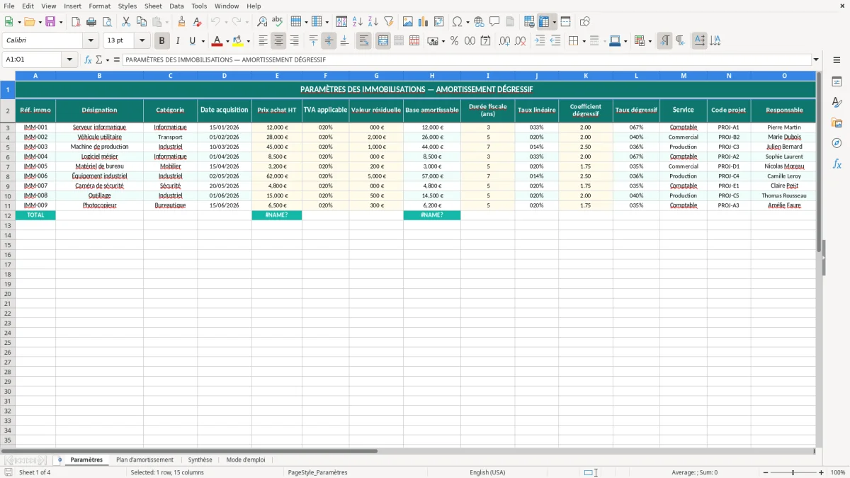 Capture 1 : feuille Paramètres - Modèle Excel calcul amortissement dégressif excel