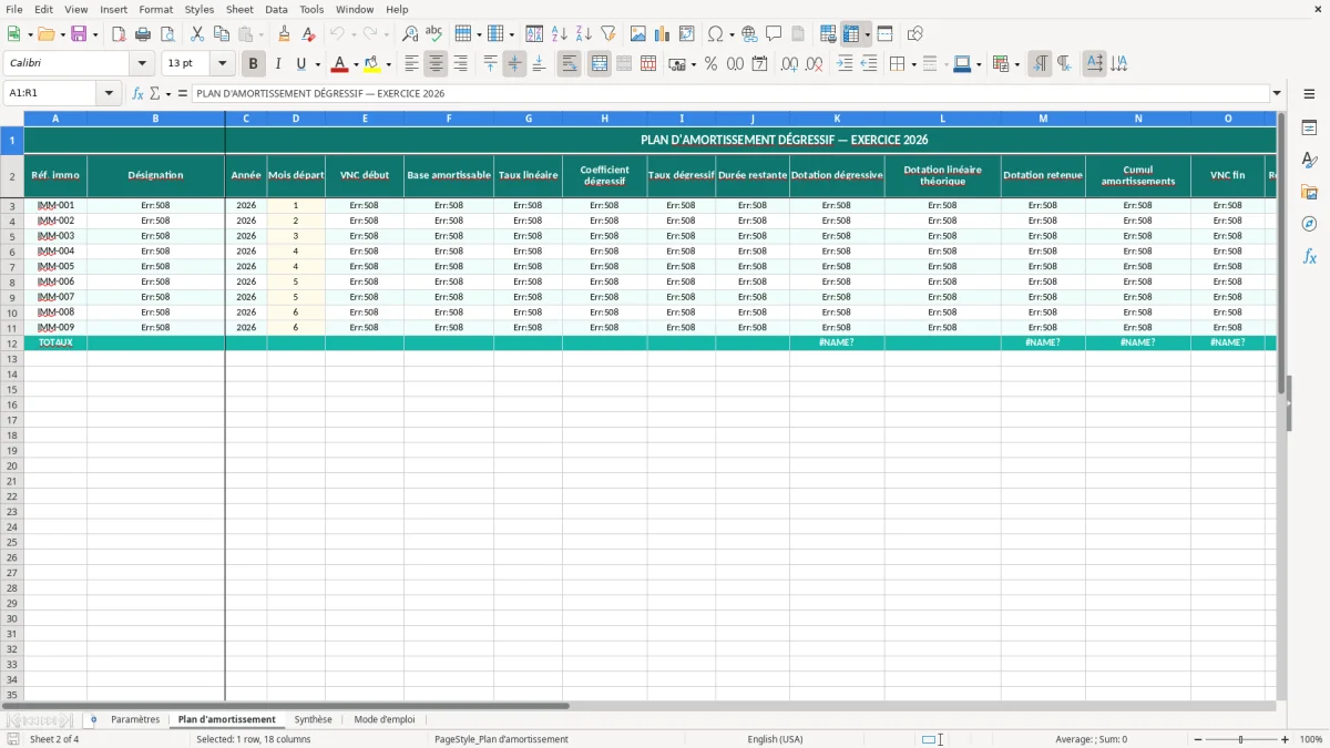 Capture 2 : feuille Plan d'amortissement - Modèle Excel calcul amortissement dégressif excel