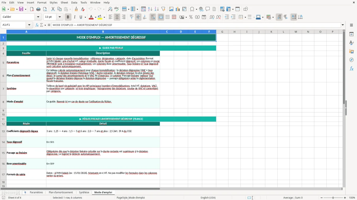 Capture 4 : feuille Mode d'emploi - Modèle Excel calcul amortissement dégressif excel
