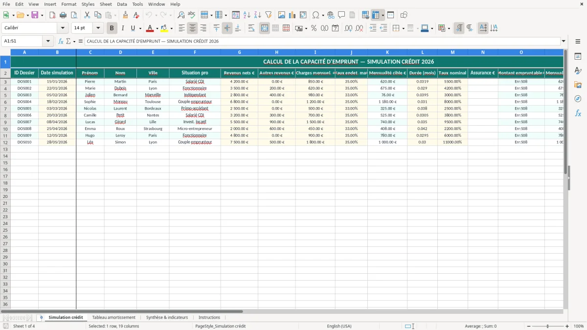 Capture 1 : feuille Simulation crédit - Modèle Excel calcul capacité emprunt excel