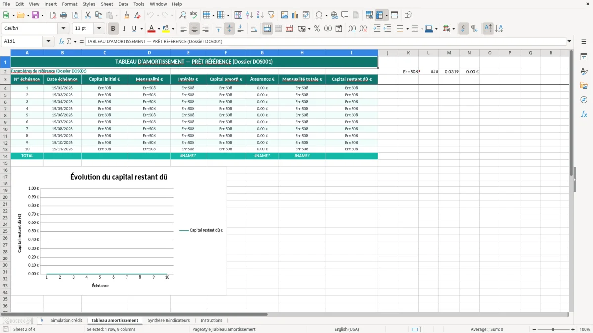 Capture 2 : feuille Tableau amortissement - Modèle Excel calcul capacité emprunt excel