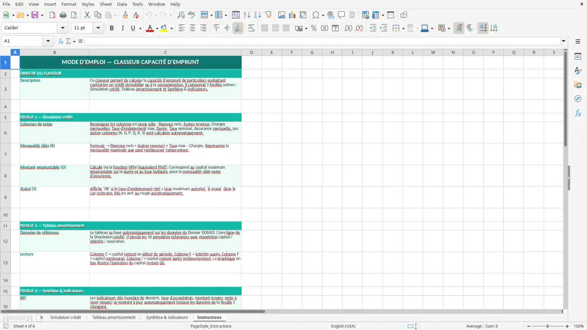 Capture 4 : feuille Instructions - Modèle Excel calcul capacité emprunt excel