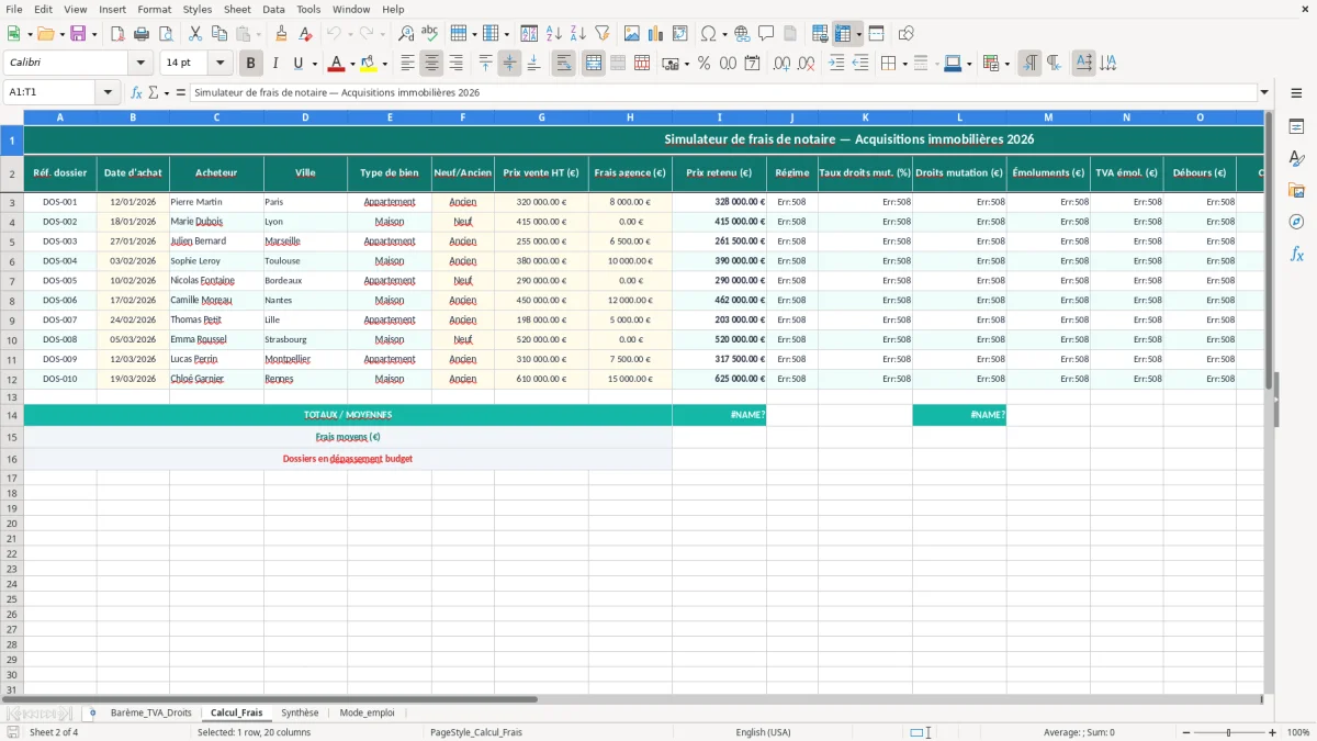 Capture 2 : feuille Calcul_Frais - Modèle Excel calcul frais de notaire excel