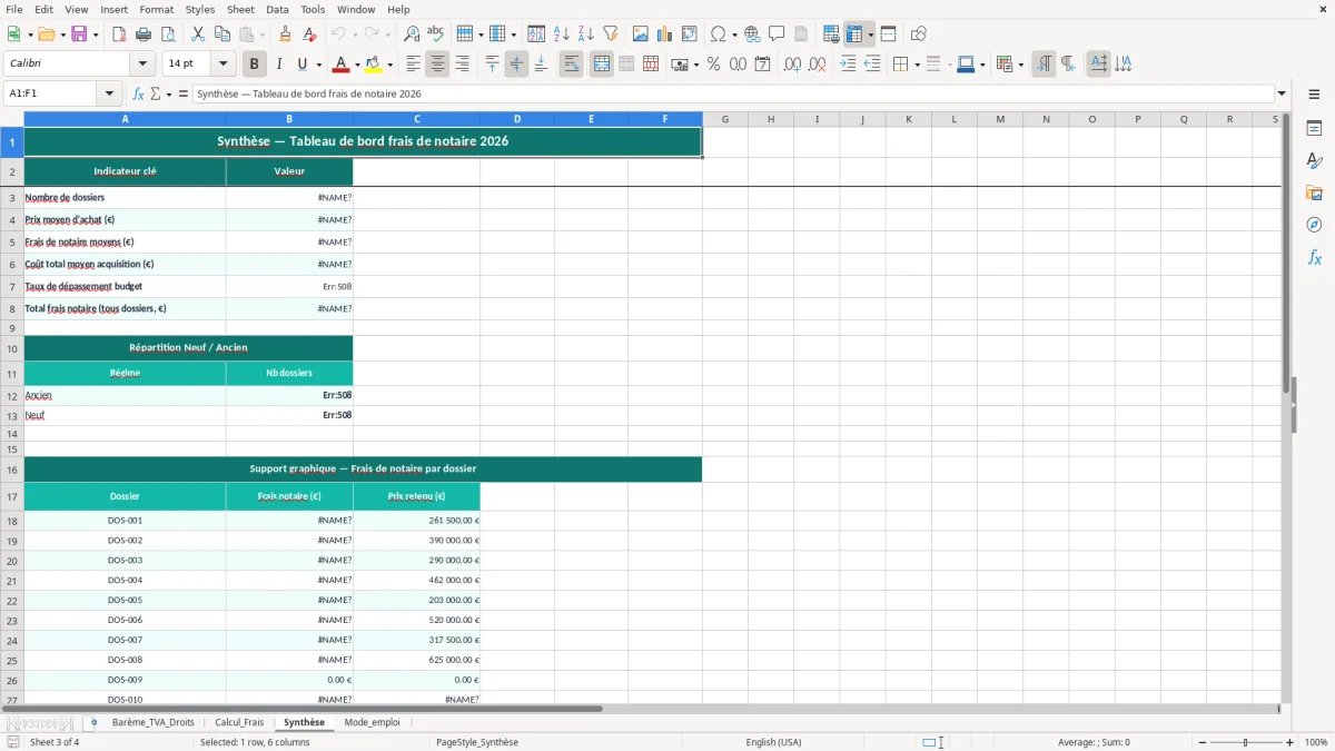 Capture 3 : feuille Synthèse - Modèle Excel calcul frais de notaire excel
