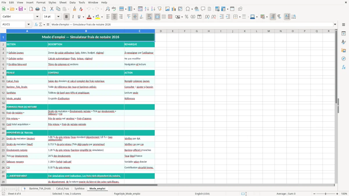 Capture 4 : feuille Mode_emploi - Modèle Excel calcul frais de notaire excel