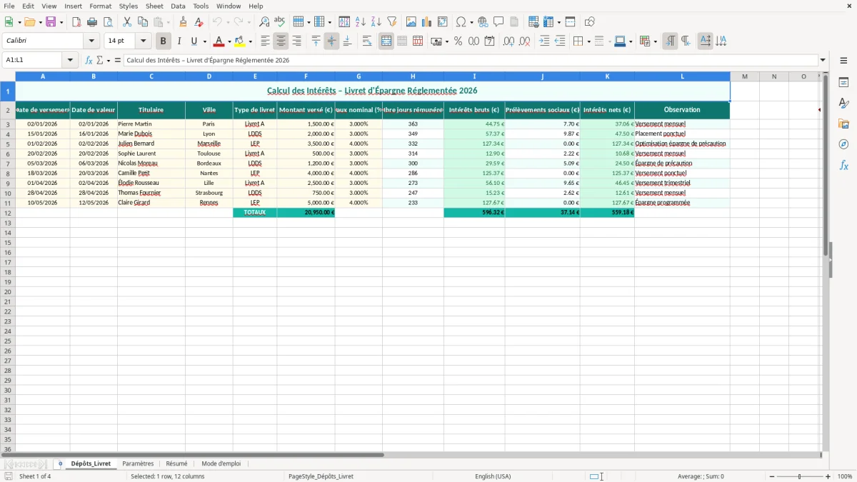 Capture 1 : feuille Dépôts_Livret - Modèle Excel calcul intérêts livret excel