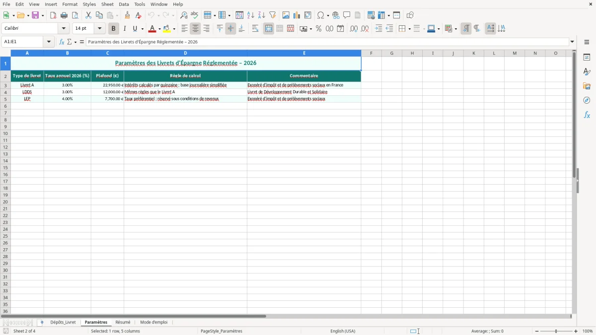 Capture 2 : feuille Paramètres - Modèle Excel calcul intérêts livret excel