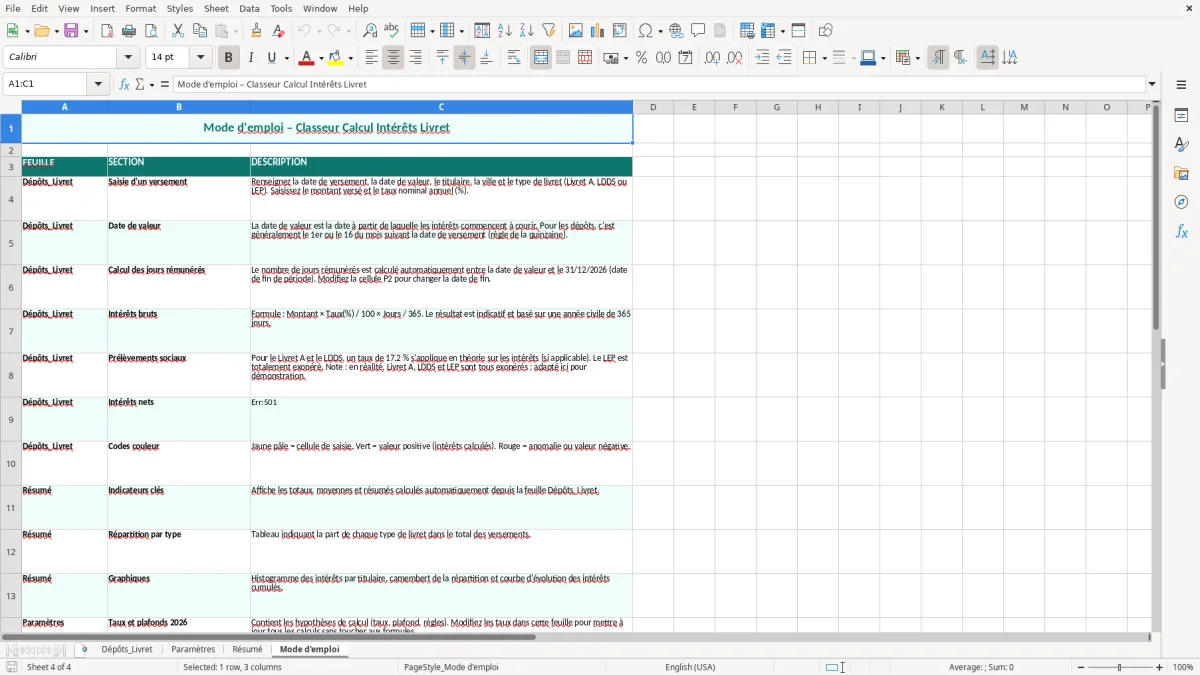 Capture 4 : feuille Mode d'emploi - Modèle Excel calcul intérêts livret excel