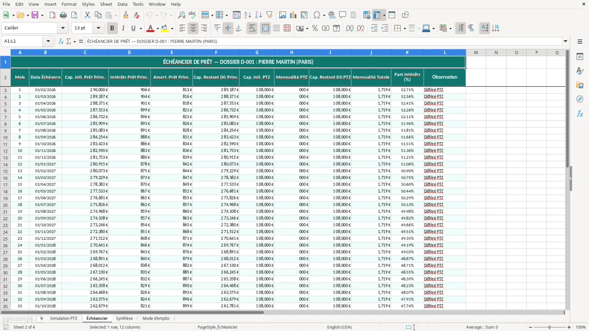 Capture 2 : feuille Échéancier - Modèle Excel calcul prêt taux zéro excel