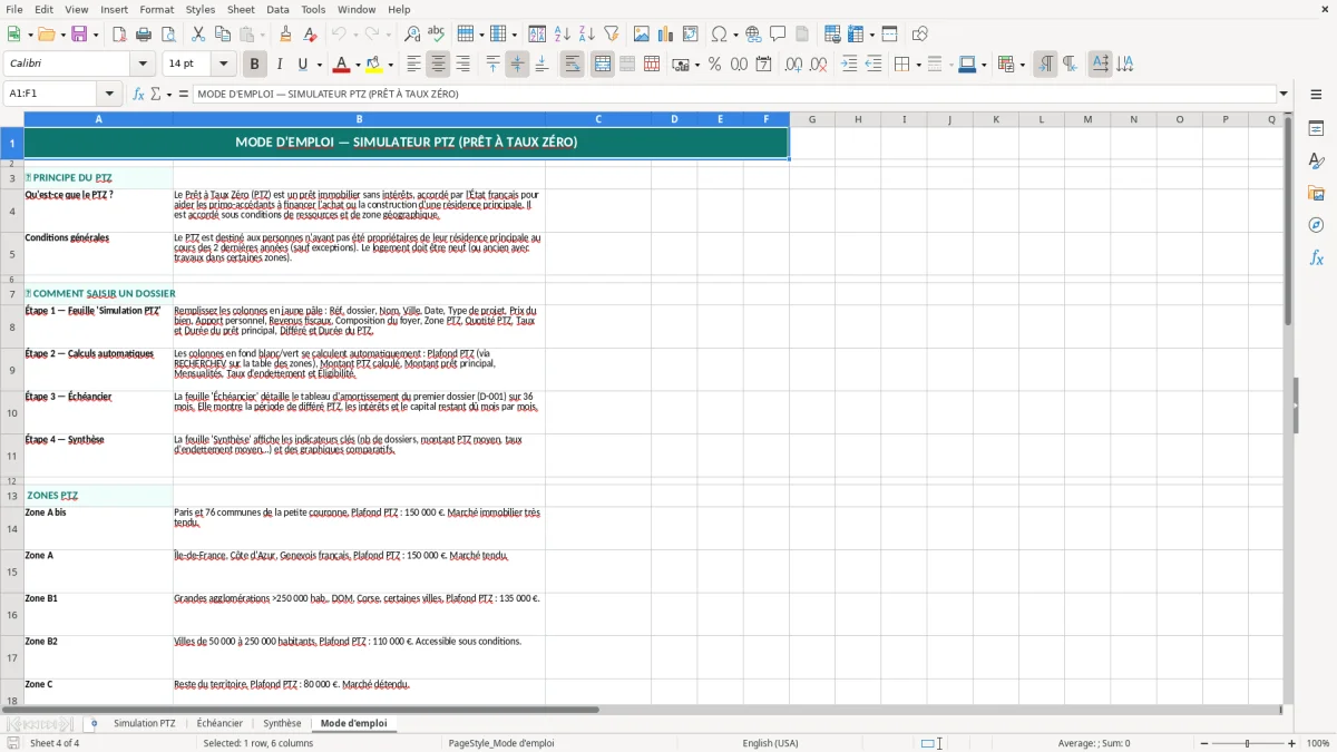 Capture 4 : feuille Mode d'emploi - Modèle Excel calcul prêt taux zéro excel