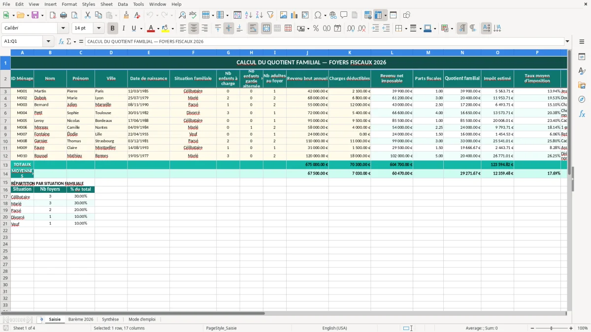 Capture 1 : feuille Saisie - Modèle Excel calcul quotient familial excel