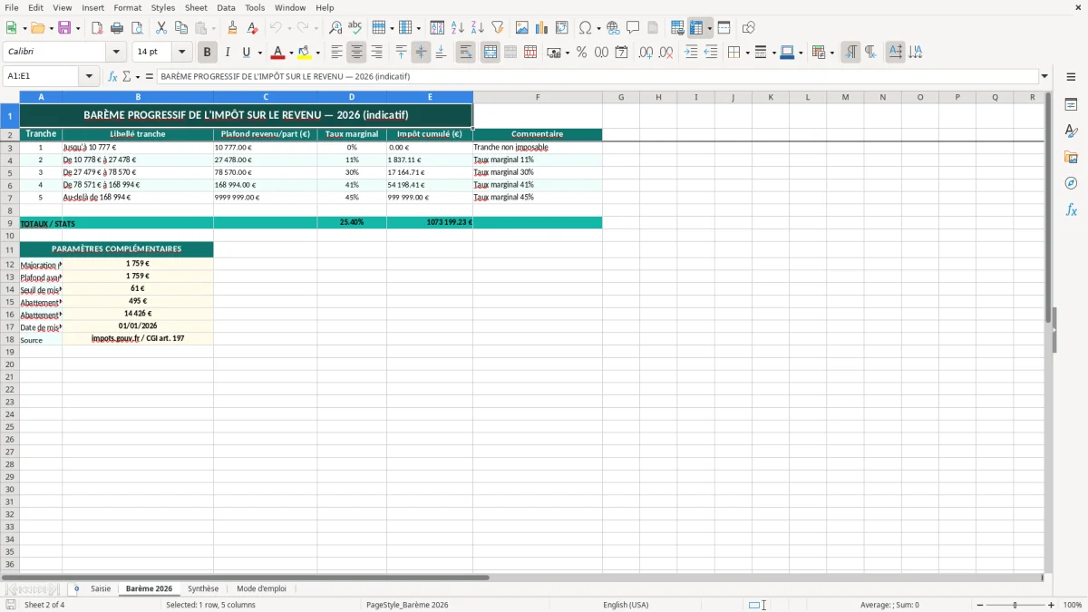 Capture 2 : feuille Barème 2026 - Modèle Excel calcul quotient familial excel