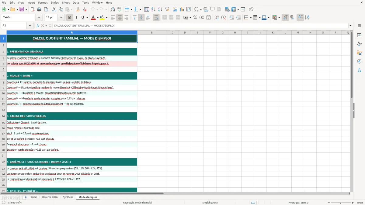 Capture 4 : feuille Mode d'emploi - Modèle Excel calcul quotient familial excel