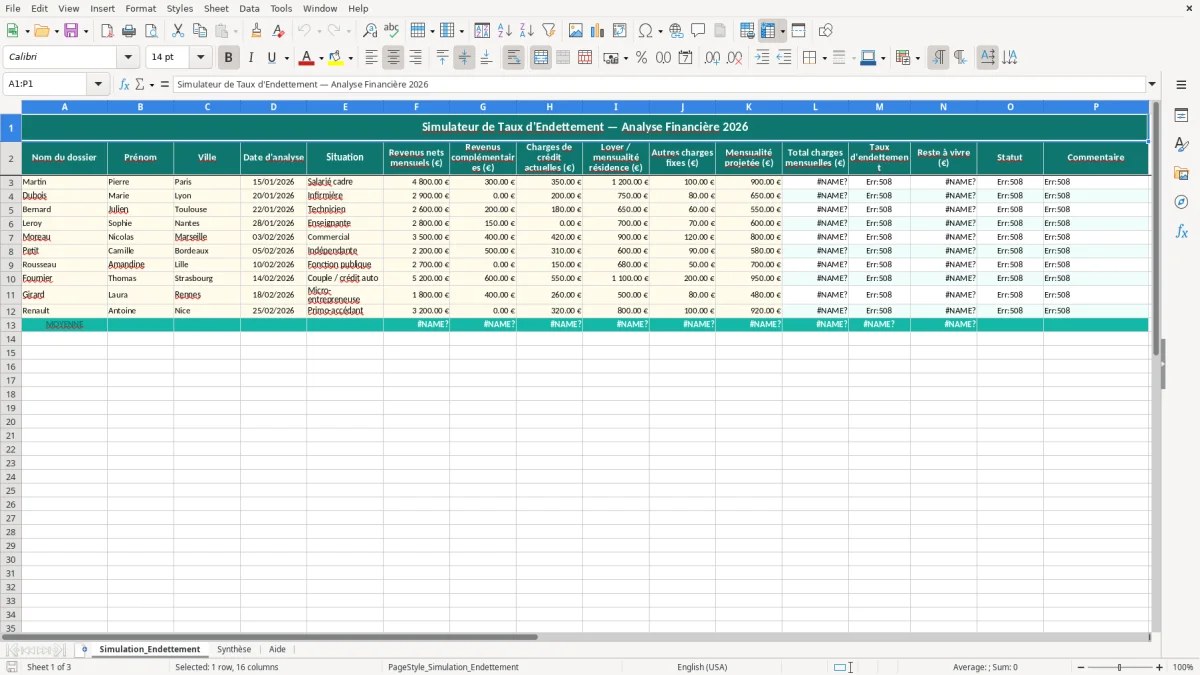Capture 1 : feuille Simulation_Endettement - Modèle Excel calcul taux endettement excel