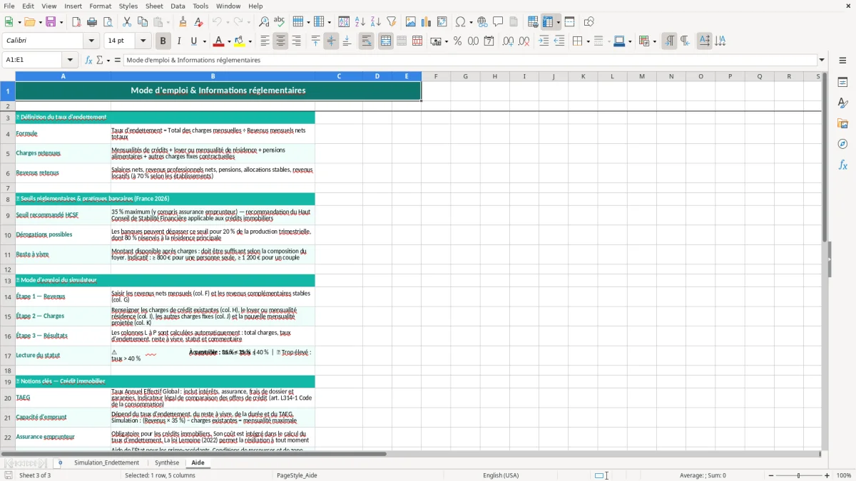 Capture 3 : feuille Aide - Modèle Excel calcul taux endettement excel