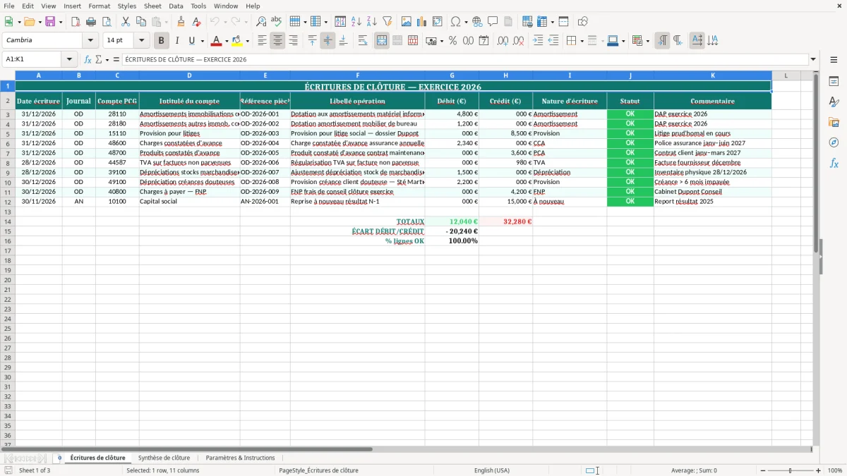 Capture 1 : feuille Écritures de clôture - Modèle Excel clôture exercice comptable excel