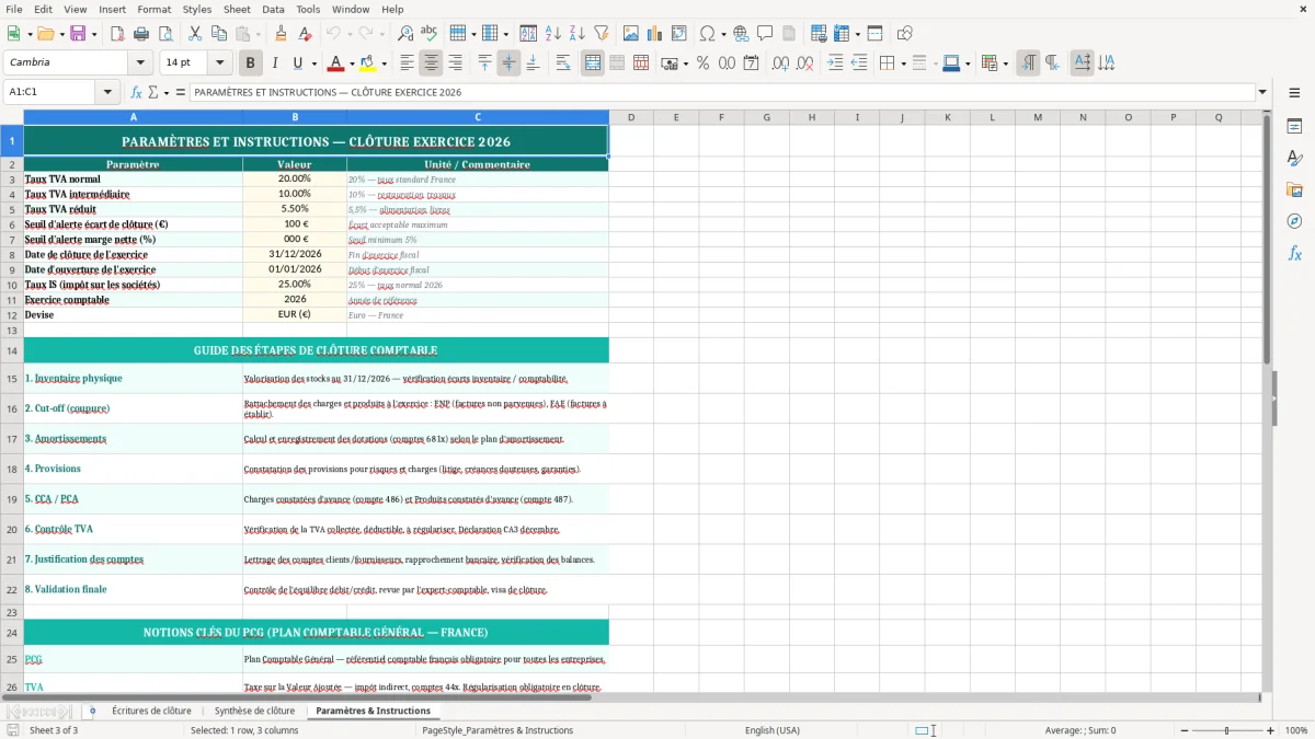 Capture 3 : feuille Paramètres & Instructions - Modèle Excel clôture exercice comptable excel