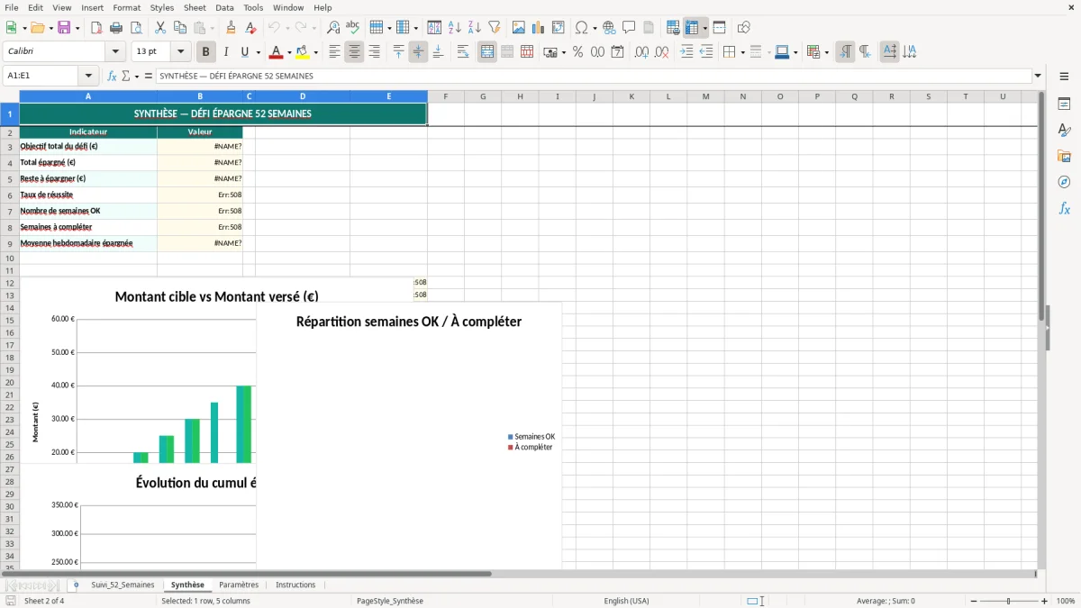 Capture 2 : feuille Synthèse - Modèle Excel défi épargne 52 semaines excel