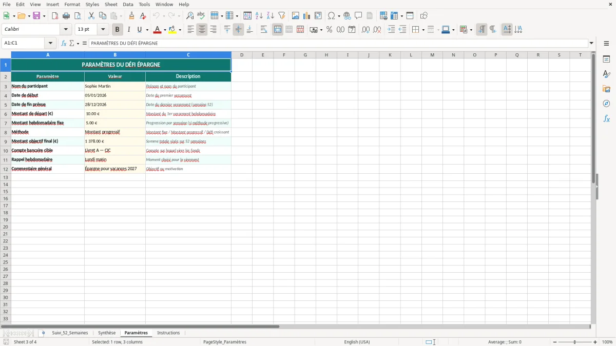 Capture 3 : feuille Paramètres - Modèle Excel défi épargne 52 semaines excel