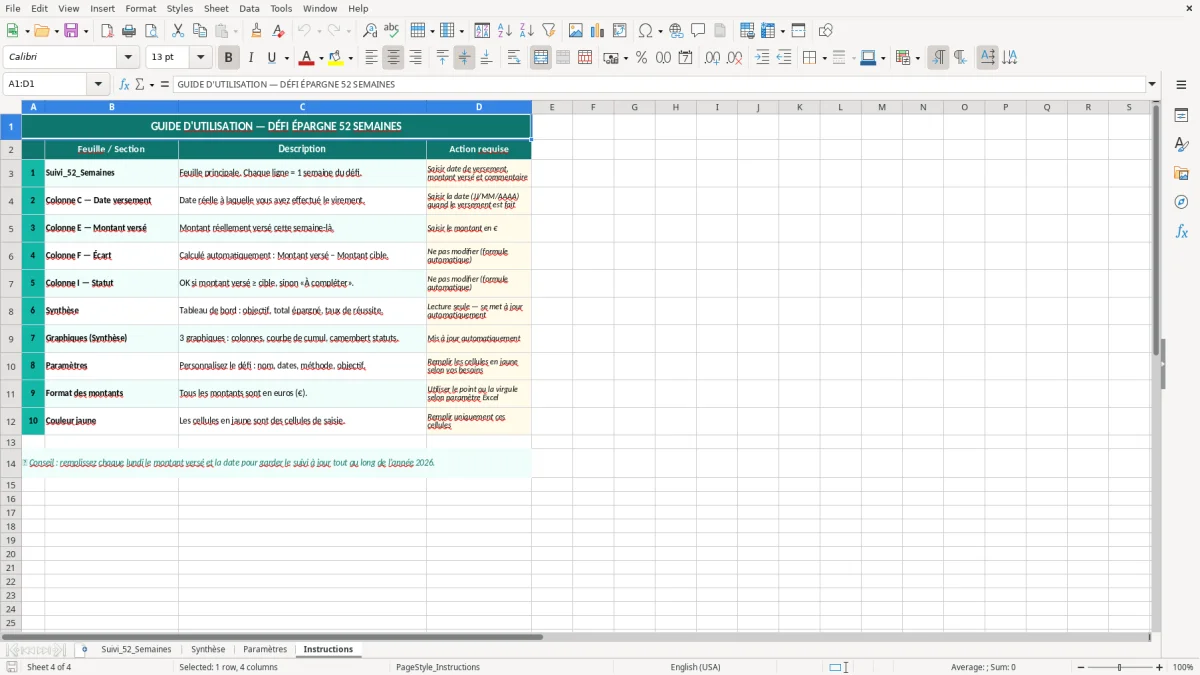 Capture 4 : feuille Instructions - Modèle Excel défi épargne 52 semaines excel