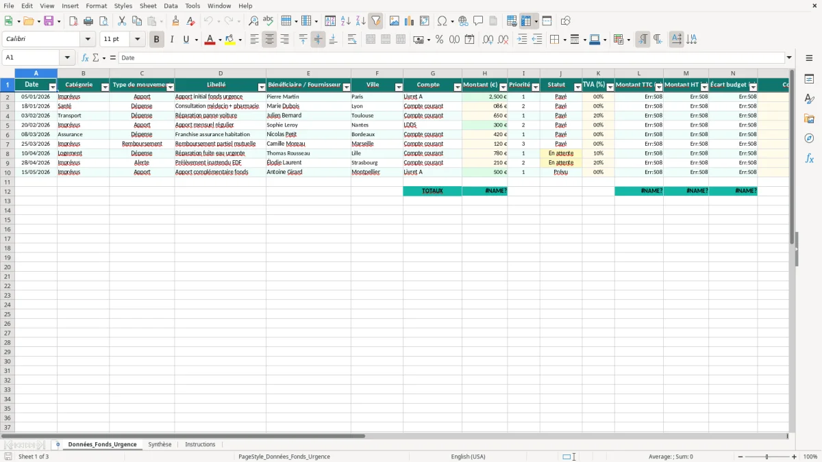 Capture 1 : feuille Données_Fonds_Urgence - Modèle Excel fonds urgence excel