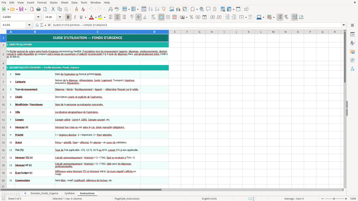 Capture 3 : feuille Instructions - Modèle Excel fonds urgence excel