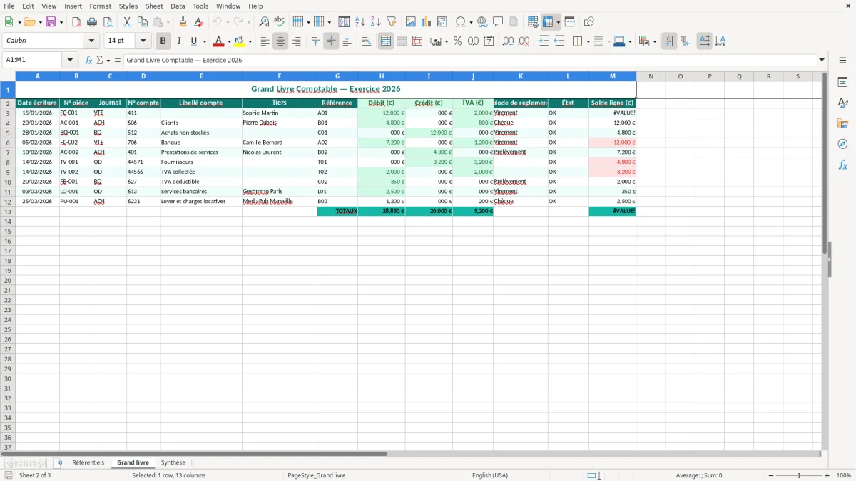 Capture 2 : feuille Grand livre - Modèle Excel grand livre excel
