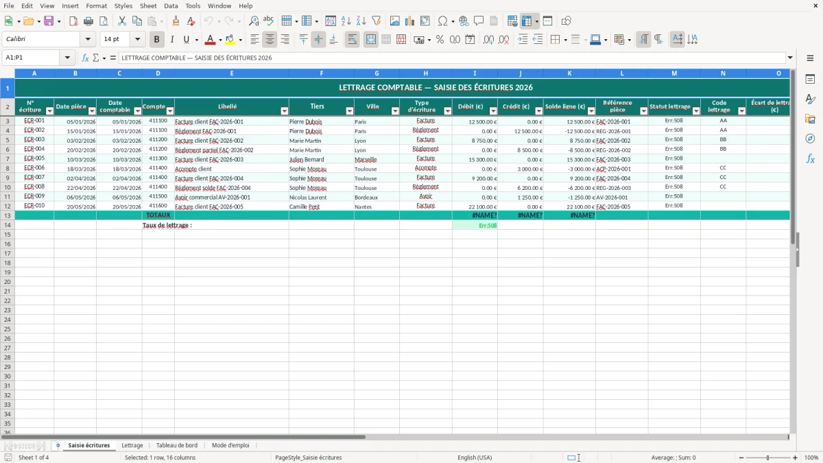 Capture 1 : feuille Saisie écritures - Modèle Excel lettrage comptable excel