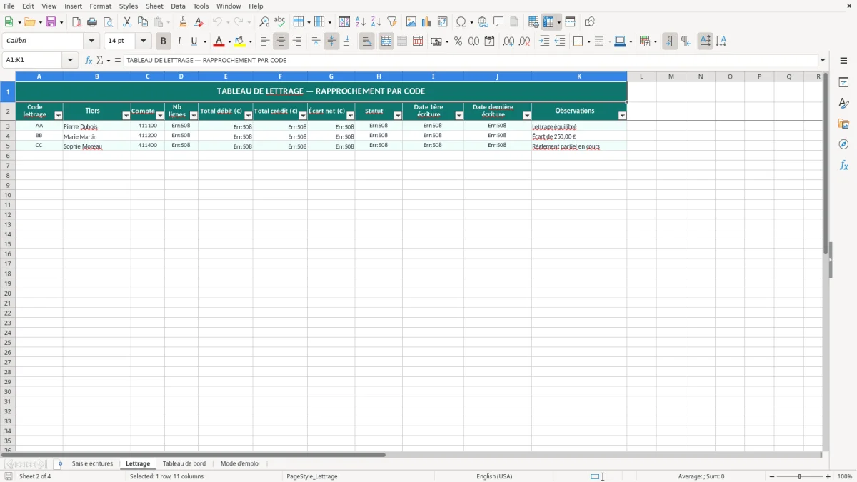 Capture 2 : feuille Lettrage - Modèle Excel lettrage comptable excel