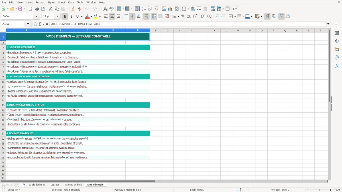 Capture 4 : feuille Mode d'emploi - Modèle Excel lettrage comptable excel