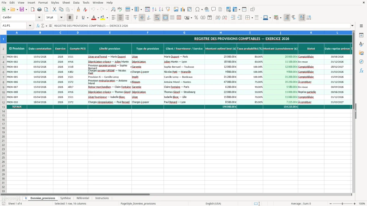 Capture 1 : feuille Données_provisions - Modèle Excel provisions comptables excel