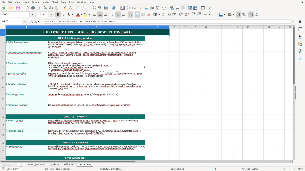Capture 4 : feuille Instructions - Modèle Excel provisions comptables excel