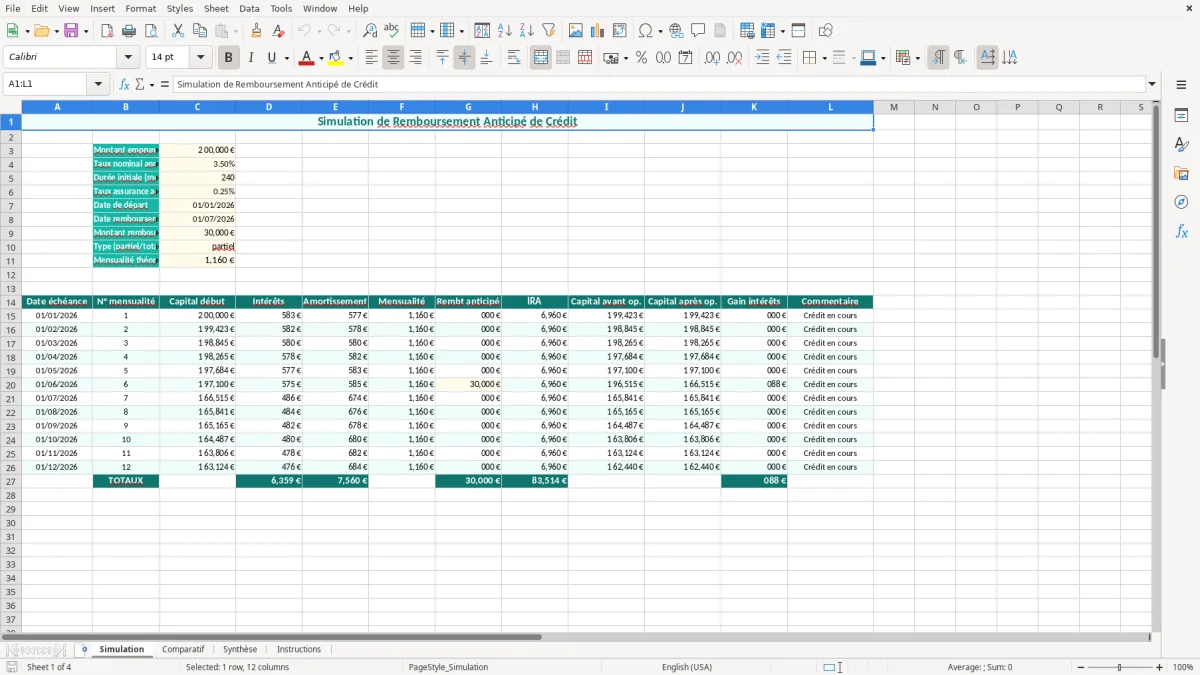 Capture 1 : feuille Simulation - Modèle Excel remboursement anticipé crédit excel