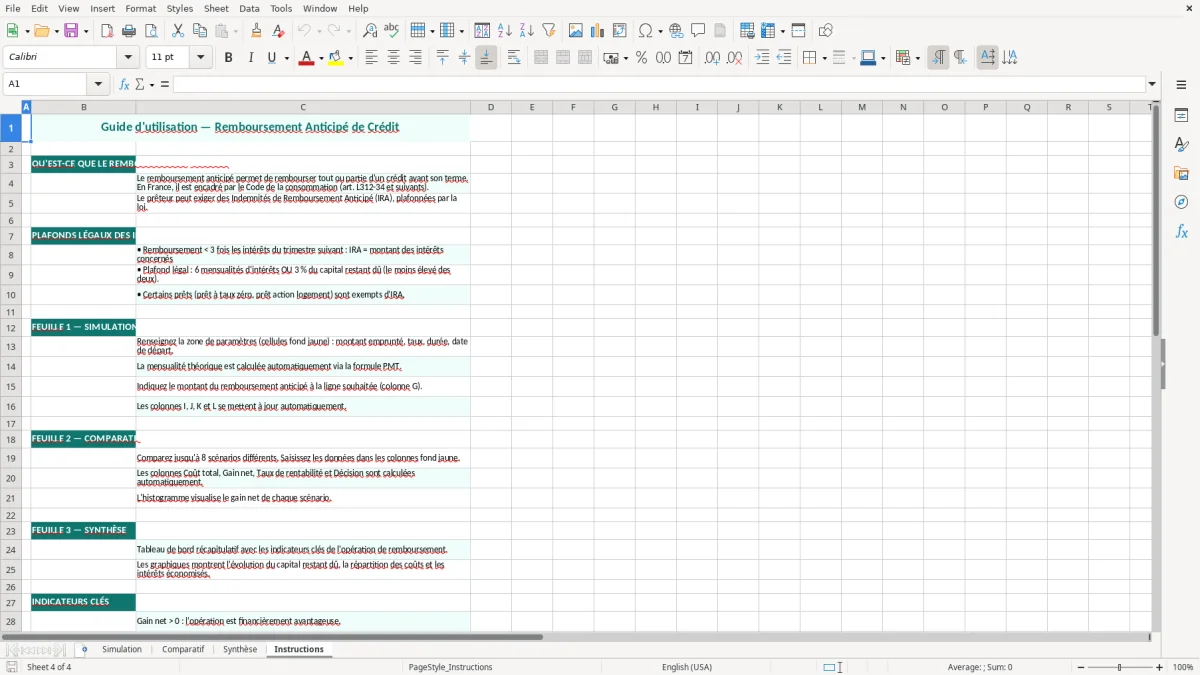 Capture 4 : feuille Instructions - Modèle Excel remboursement anticipé crédit excel