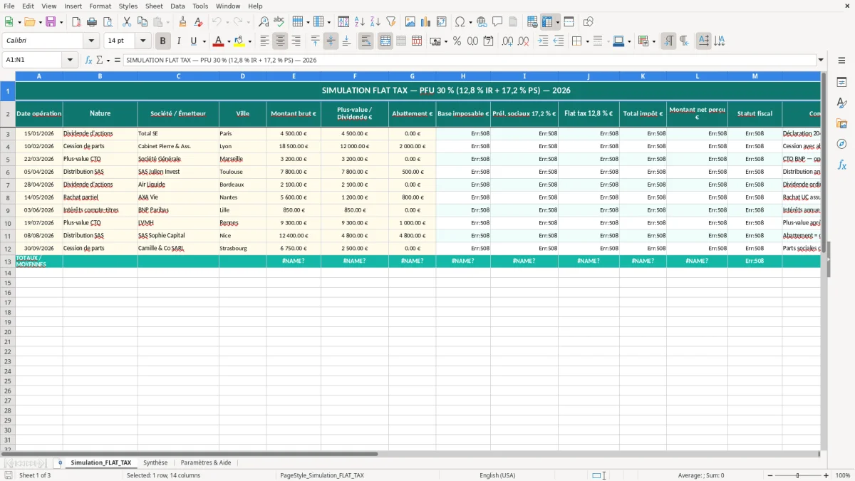 Capture 1 : feuille Simulation_FLAT_TAX - Modèle Excel simulation flat tax excel