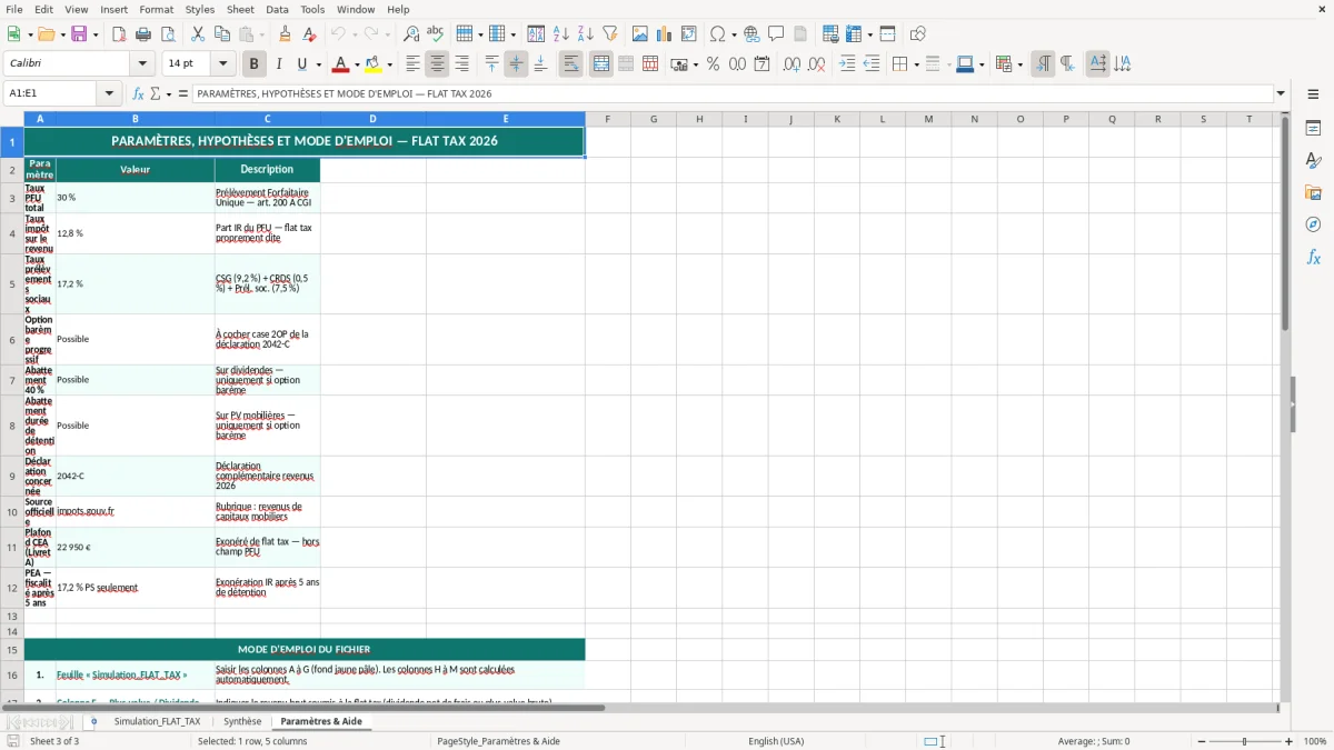 Capture 3 : feuille Paramètres & Aide - Modèle Excel simulation flat tax excel
