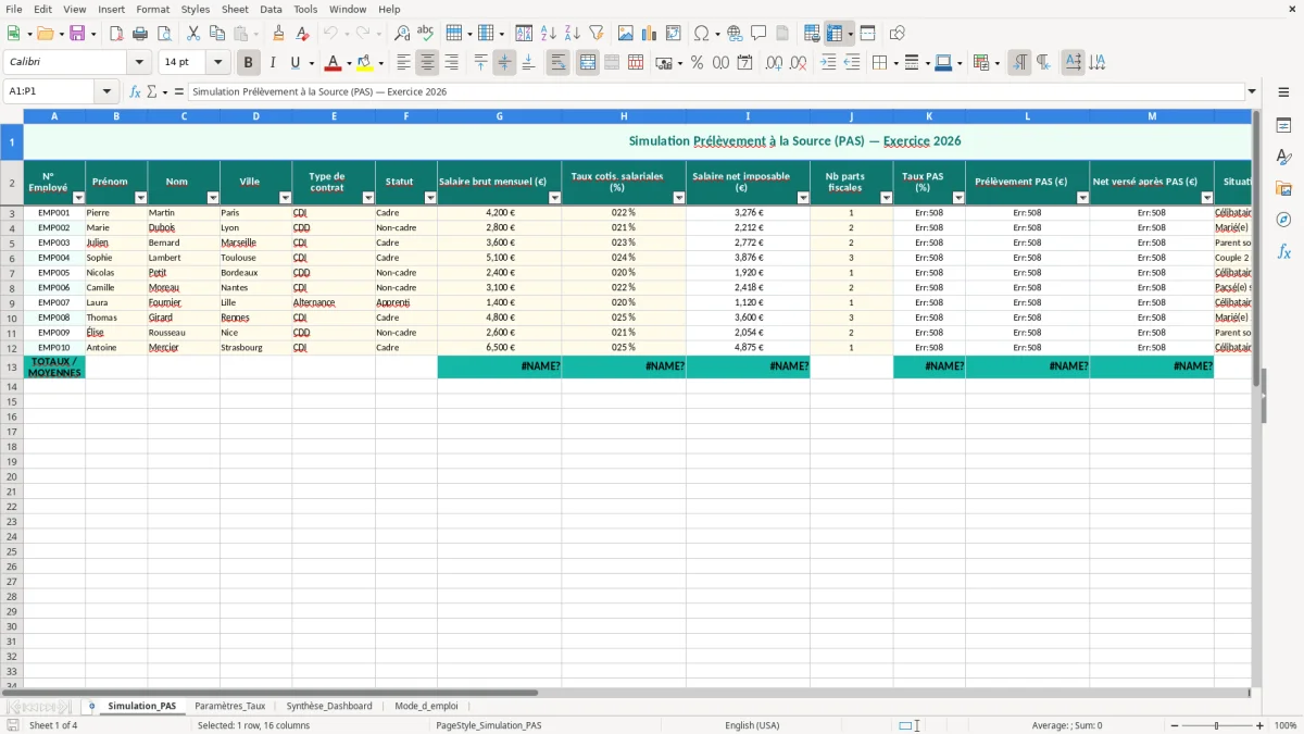 Capture 1 : feuille Simulation_PAS - Modèle Excel simulation prélèvement à la source excel