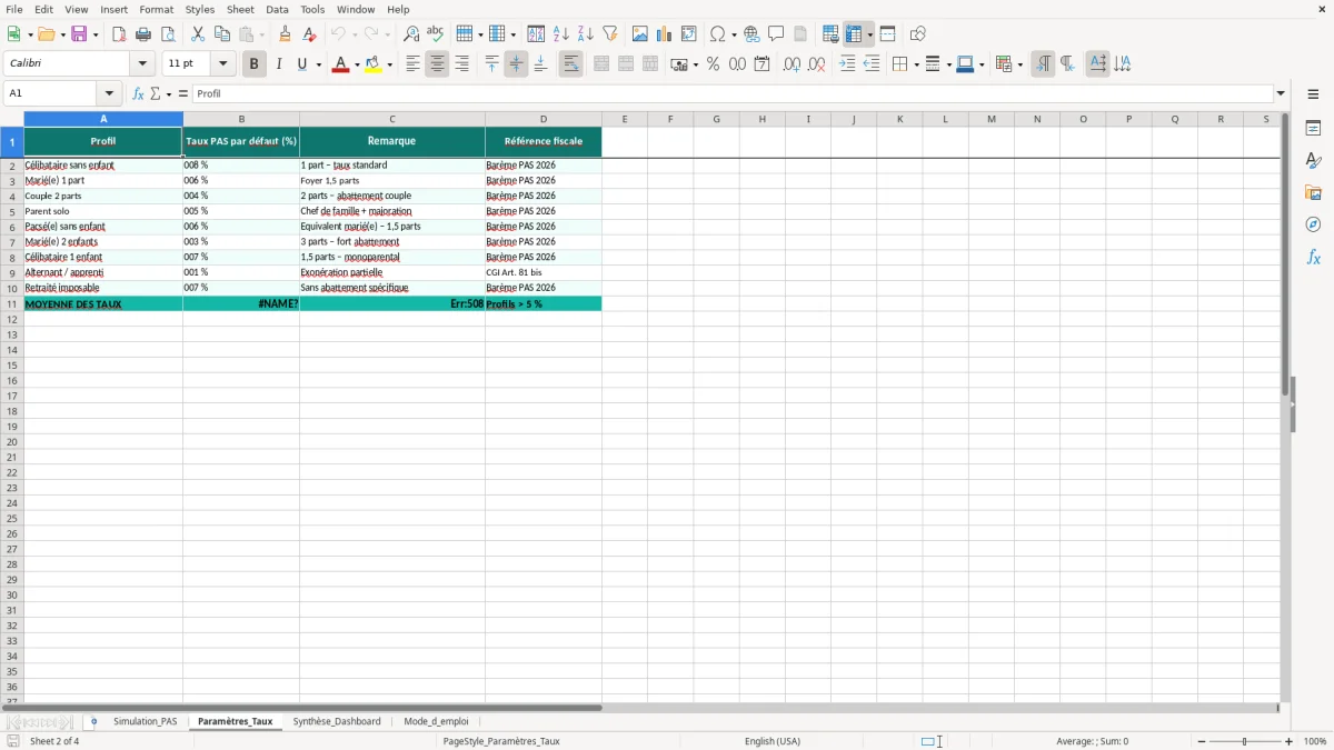 Capture 2 : feuille Paramètres_Taux - Modèle Excel simulation prélèvement à la source excel