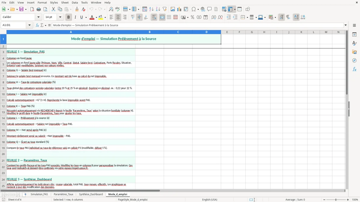 Capture 4 : feuille Mode_d_emploi - Modèle Excel simulation prélèvement à la source excel