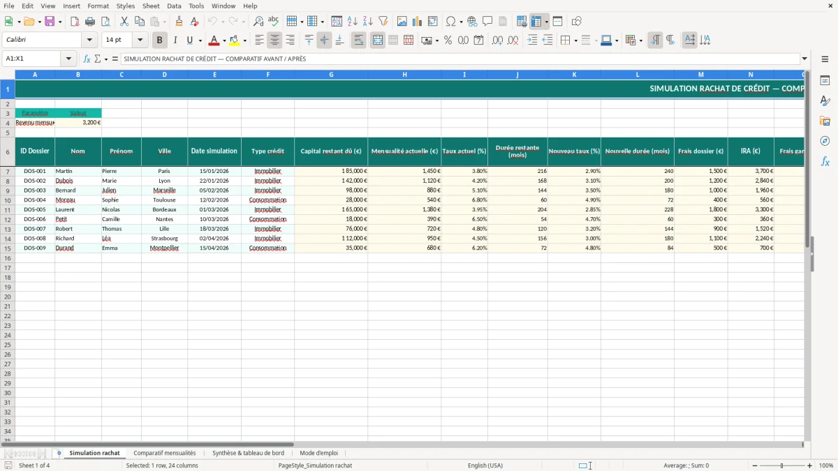 Capture 1 : feuille Simulation rachat - Modèle Excel simulation rachat crédit excel